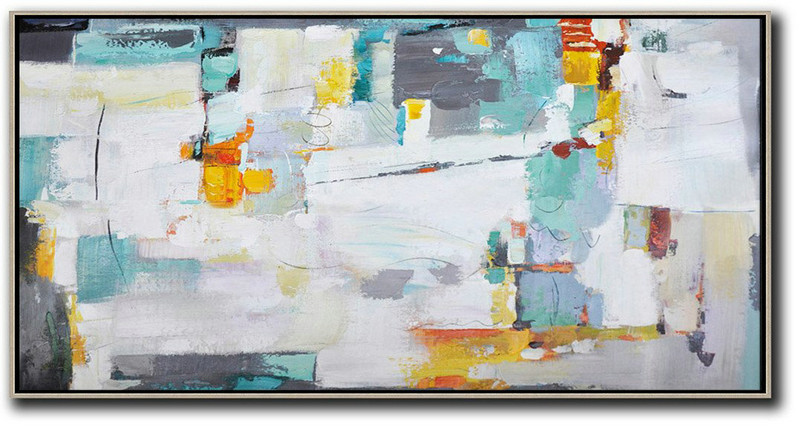 Large Abstract Painting Canvas Art,Horizontal Palette Knife Contemporary Art,Extra Large Artwork White,Grey,Yellow